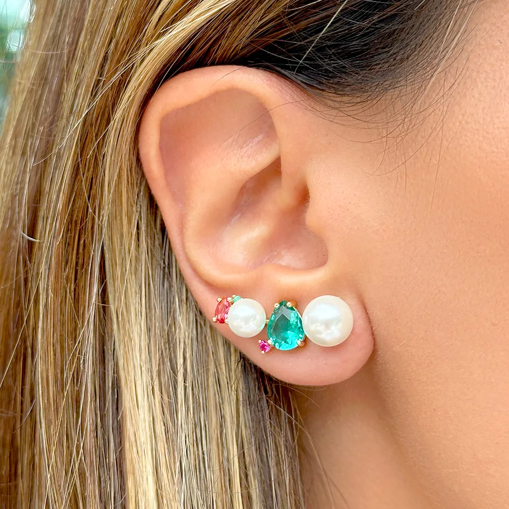 Brinco Ear Cuff Pérola Shell Gota Cristal Paraíba Banho Dourado