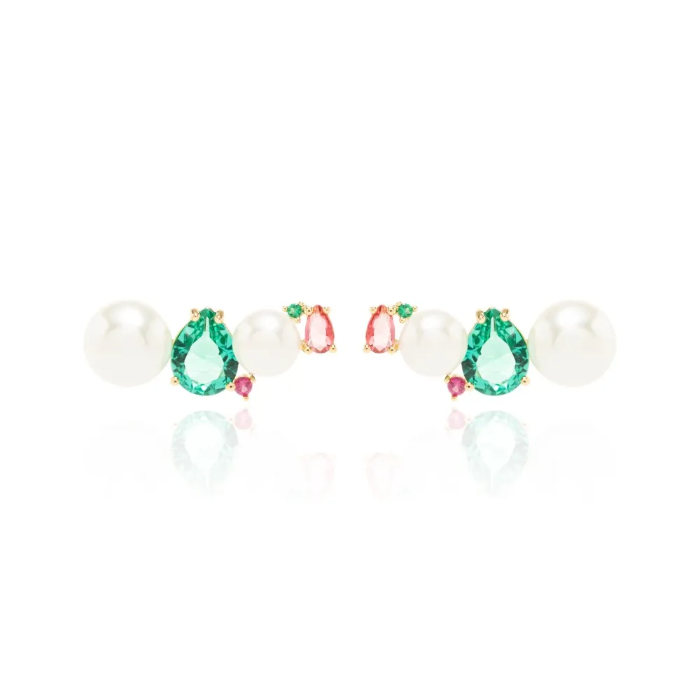 Brinco Ear Cuff Pérola Shell Gota Cristal Paraíba Banho Dourado - Imagem 2