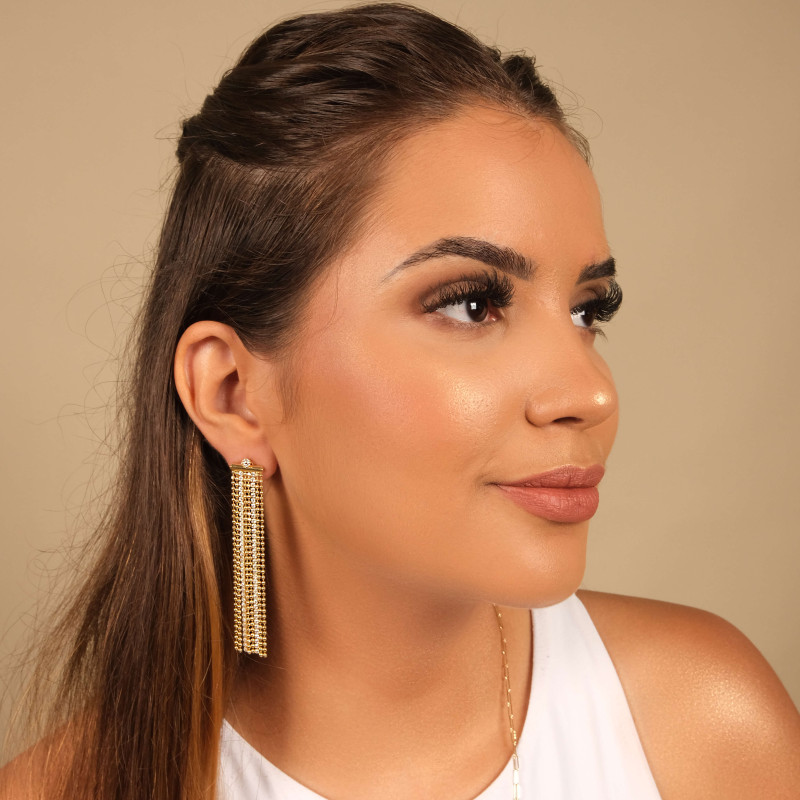 Brinco Franja Cravejada Cristal Banho Dourado - Imagem 2