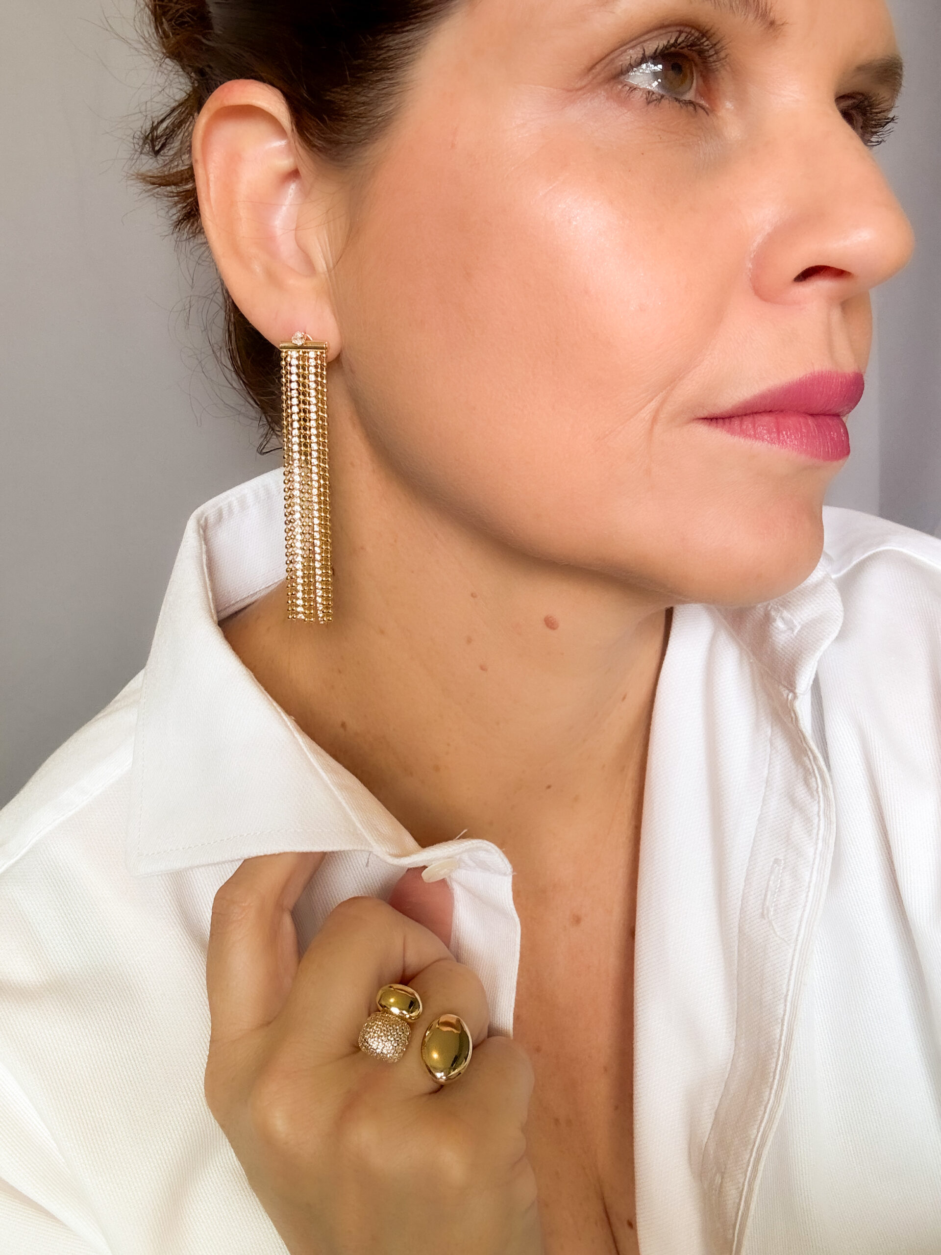 Brinco Franja Cravejada Cristal Banho Dourado