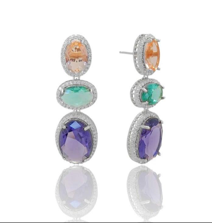 Brinco Oval Gotas Colorido Banho Branco - Imagem 2