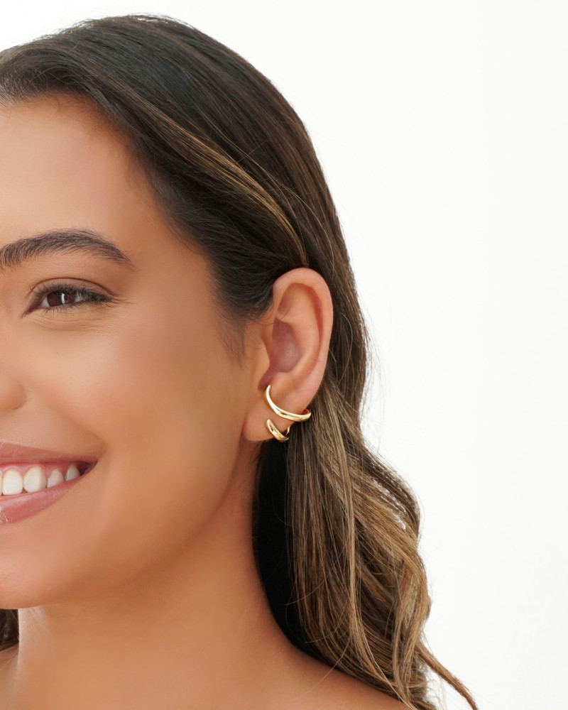 Brinco Ear Cuff Dois Filetes Liso Banho Dourado